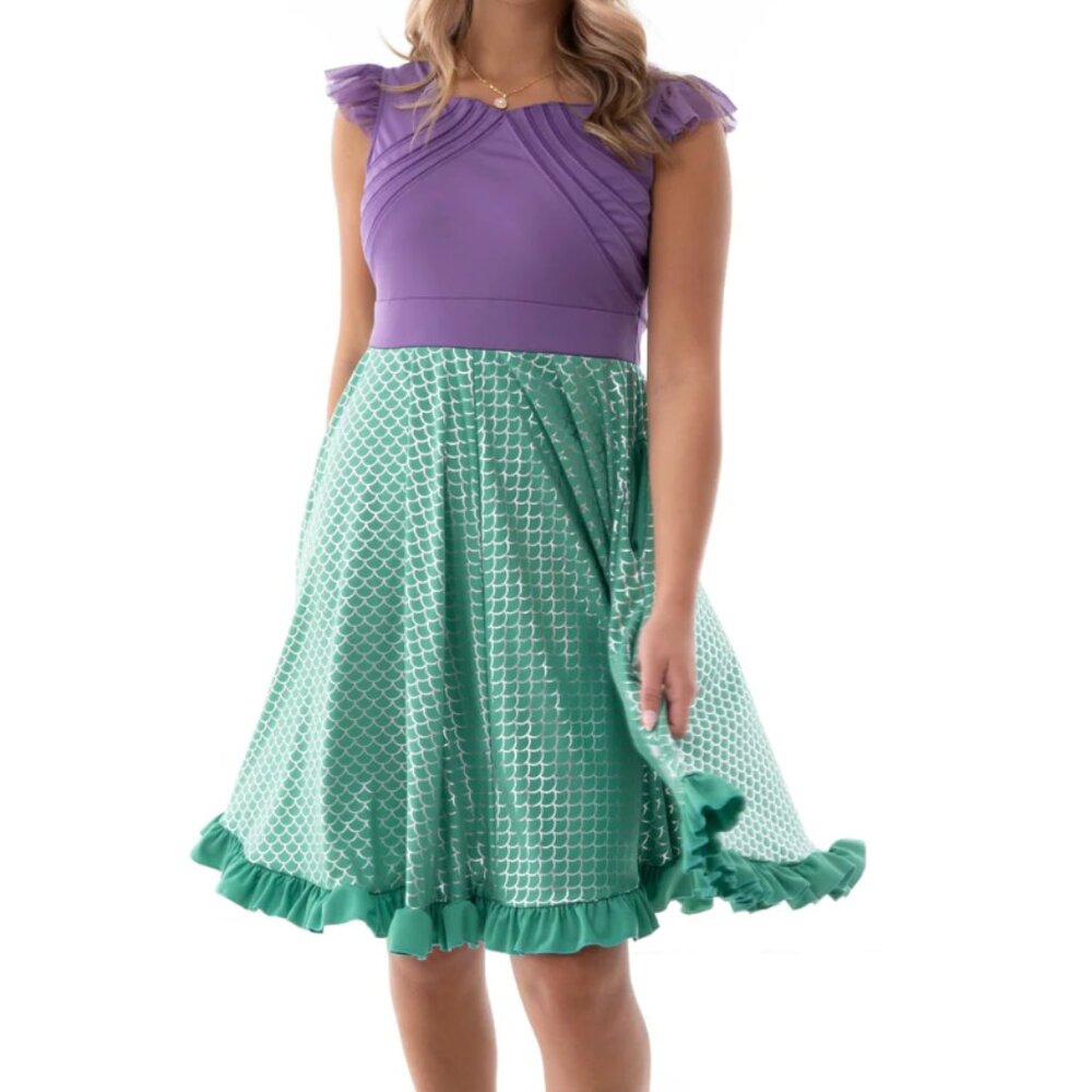 Purple & Mint Green Midi Dress with Ruffled Hem